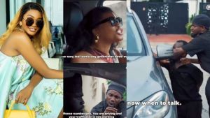 “What kind of woman is this?” – Comedian Kiekie seen exposing her husband in front of policemen on the street of Lagos (Video)
