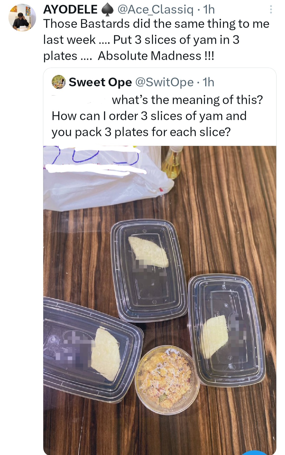 Woman calls out eatery online after she ordered 3 pieces of yam and each piece was served in a different take away pack