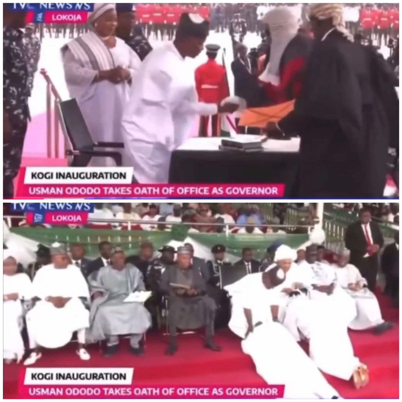 New Kogi deputy governor prostrates to immediate past governor, Yahaya Bello, after taking oath of office (video)