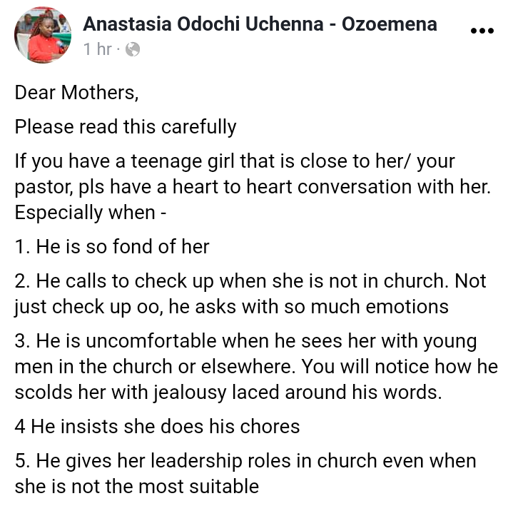 If you have a teenage daughter that is close to your pastor, talk to her - Nigerian woman warns mothers about 
