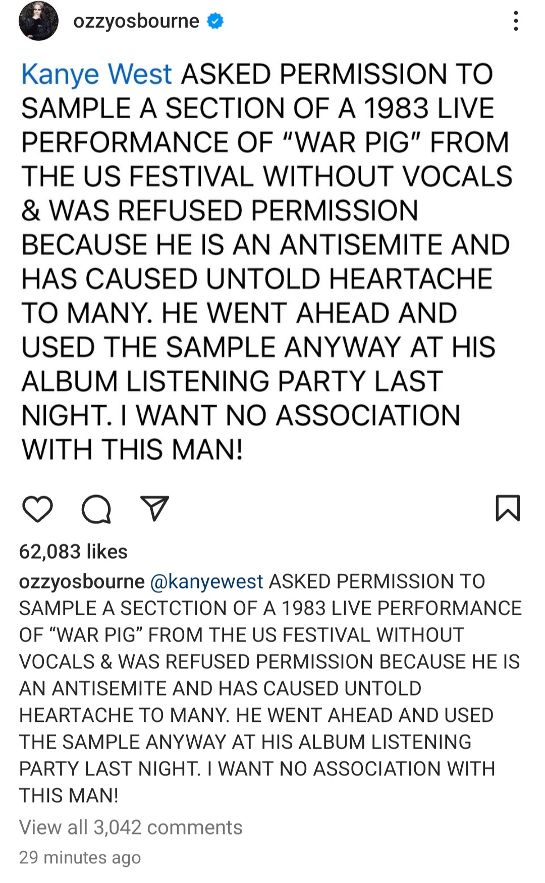 "I want no association with this man" Ozzy Osbourne slams Kanye West for sampling his song even after he denied him permission for being "Antisemite"