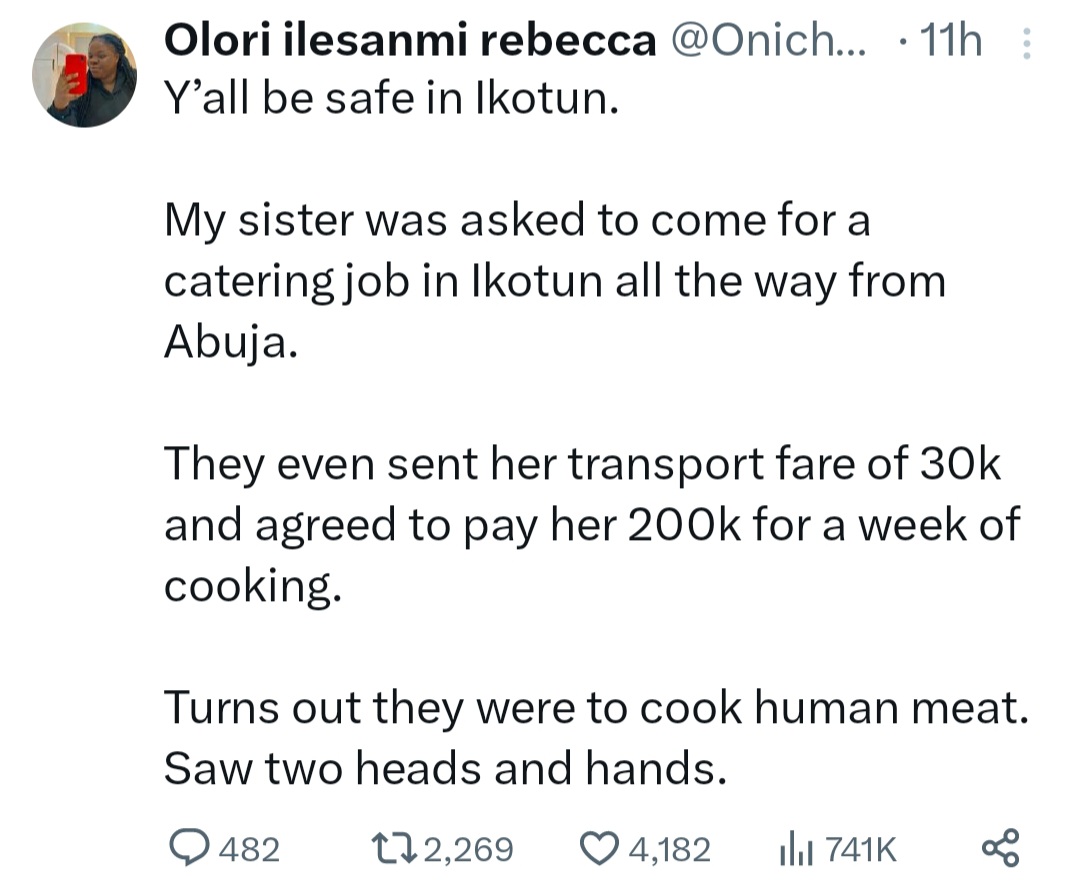 Woman warns caterers to be safe after her sister was invited from Abuja to cook human meat in Lagos
