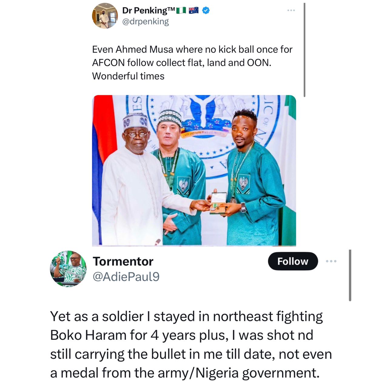 Nigerian soldier who sustained bullet injury while serving in the North East kicks as President Tinubu gifts Super Eagles players houses, plots of land and national honor