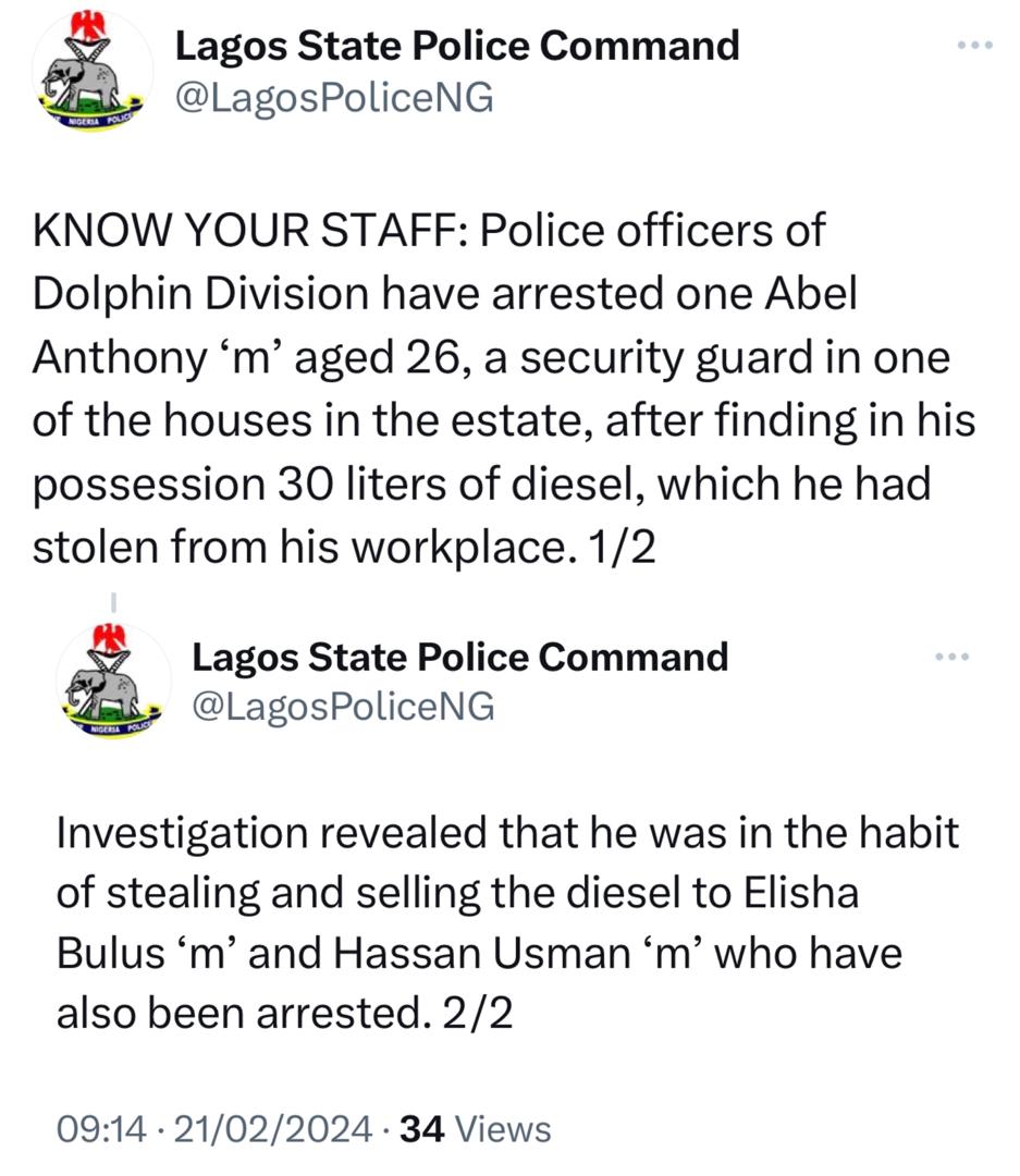 Know your staff- Lagos police command advises Nigerians as security guard is arrested for stealing diesel from his employer?s house