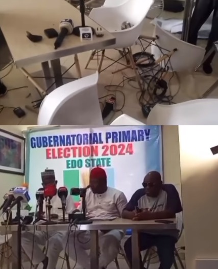 Thugs invade APC collation centre in Edo State gubernatorial primary, beat up journalists and destroy equipment (video)