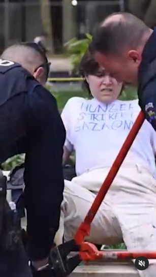 Female student on hunger strike arrested after she chained and glued herself to a bench outside the NYU Tandon School Of Engineering (video)
