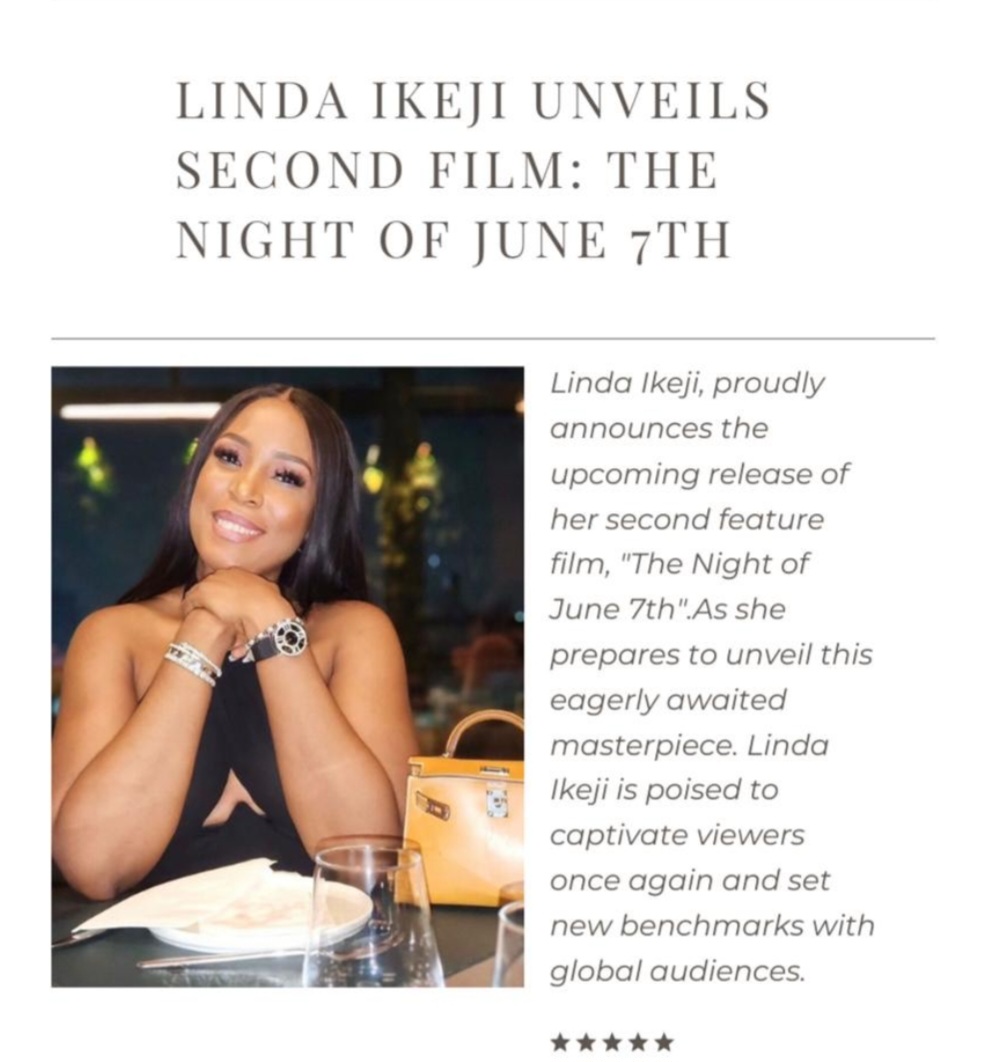 Linda Ikeji set to release her second feature film "The Night of June 7th"