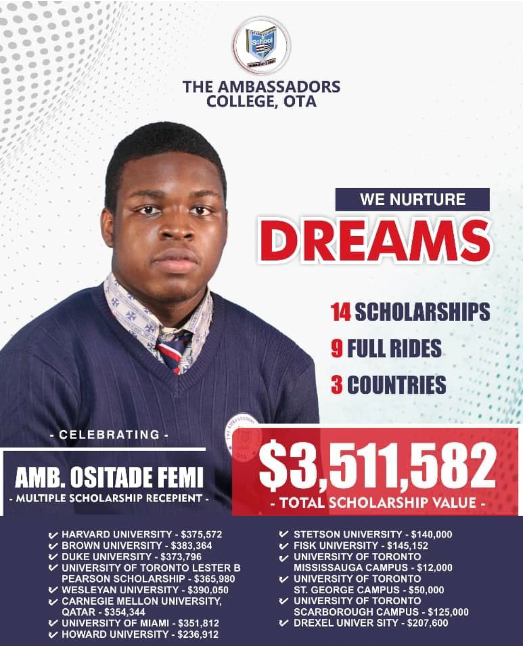 Nigerian boy Femi Ositade wins .5 million worth of scholarships from Harvard and 13 foreign universities