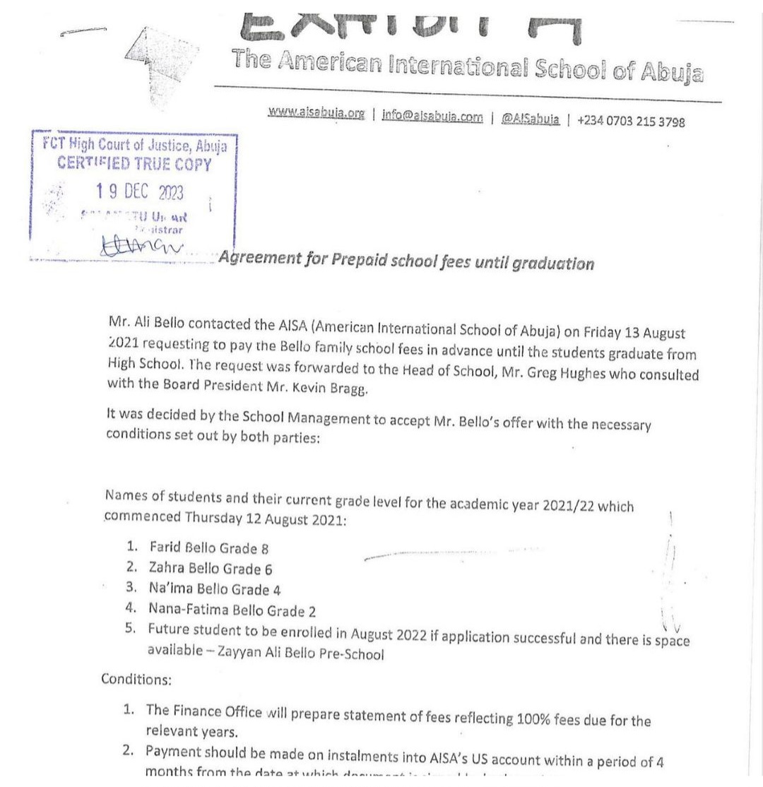 Document from school show evidence that Yahaya Bello paid school fees for family members in advance after withdrawing 0,000 from the state?s coffers