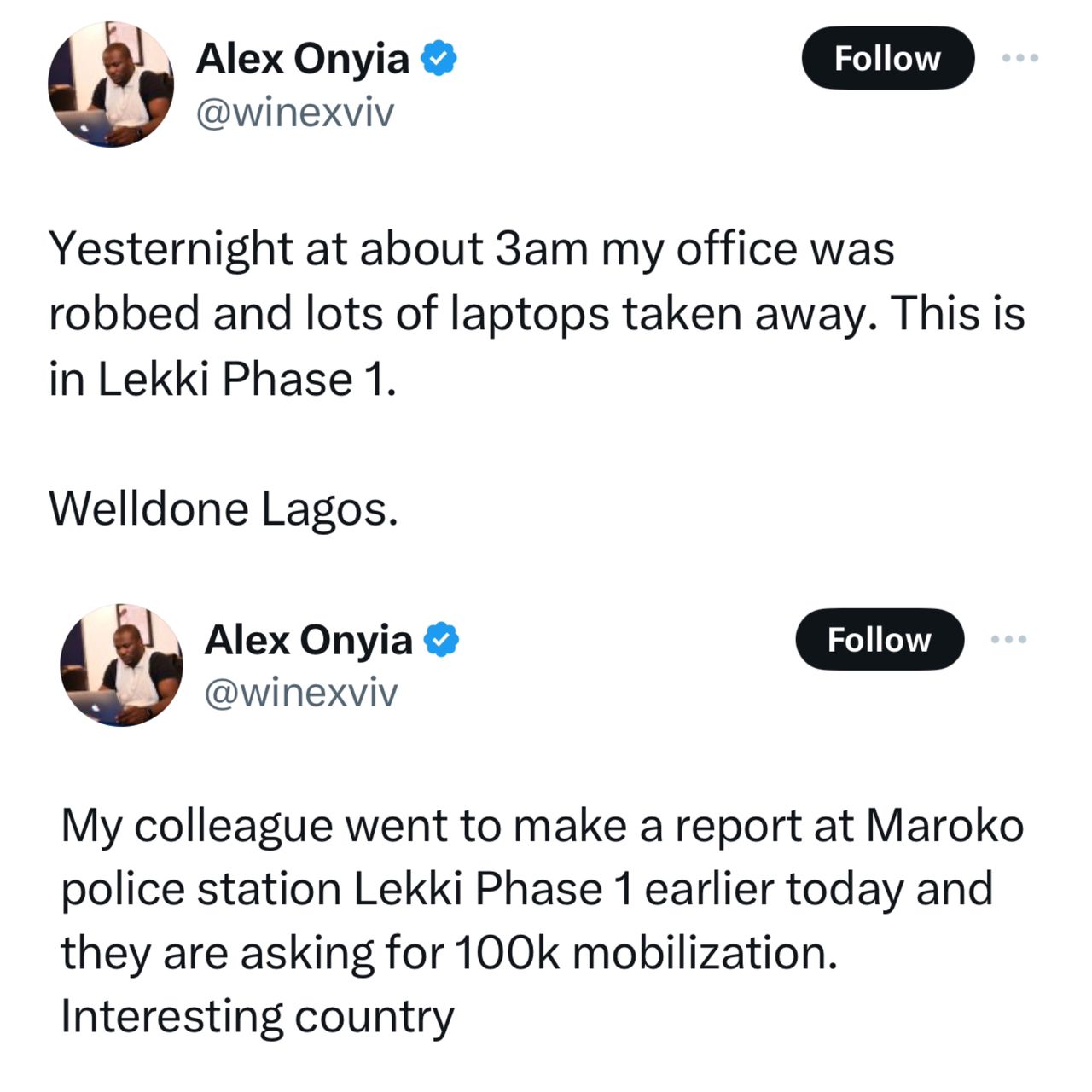Don?t succumb to extortion - Lagos police spokesperson advises man who went to Maroko police station after his office was burgled and was told to pay N100k for mobilization