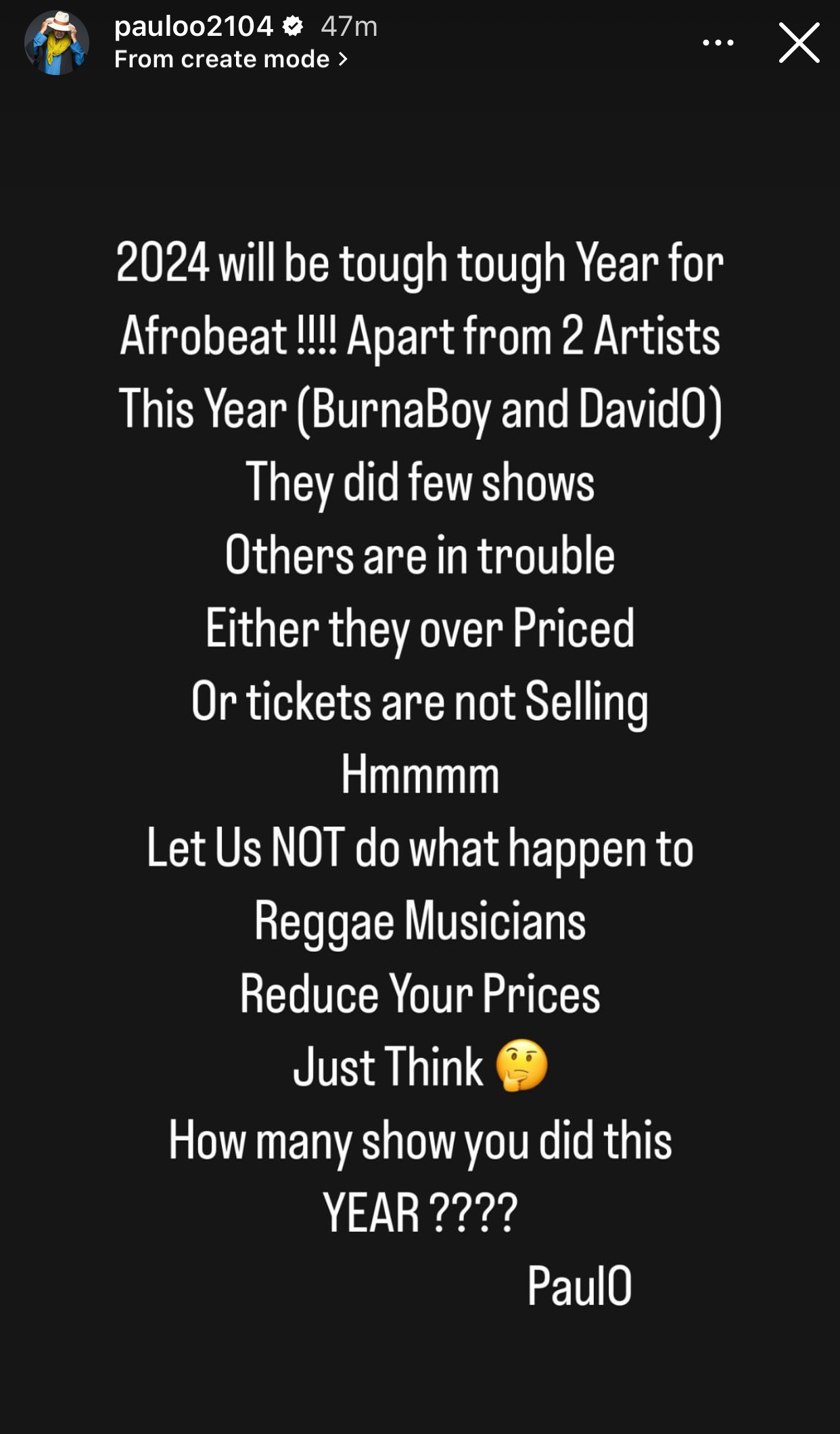 2024 will be tough tough Year for Afrobeat. Apart from BurnaBoy and Davido, others are in trouble - Paul O