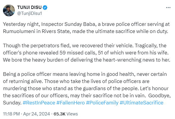 The officer?s phone revealed 59 missed calls, 51 of which were from his wife - Rivers Commissioner of Police mourns officer killed during attack by some assailants