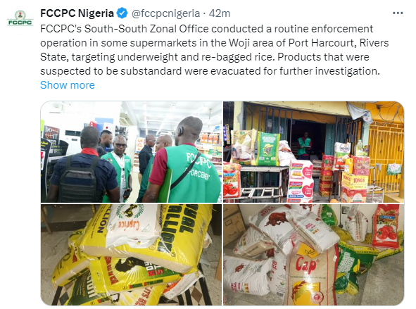 FCCPC raids supermarkets in Port Harcourt, seize underweight and re-bagged rice