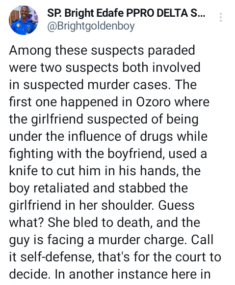 Manage your temper very well - Delta police PPRO advises Nigerians after arrest of two men for murder of girlfriend and wife