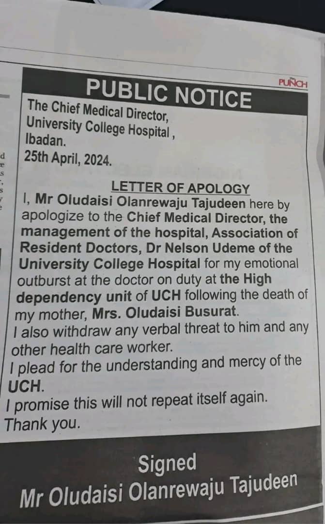 Doctors are not objects to vent systemic frustrations upon - Nigerian doctor writes after a man who assaulted him following the death of his mum apologizes to him on a national daily