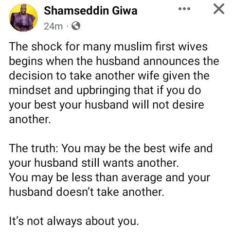 You may be the best wife and your husband will still want another wife. It?s not always about you - Nigerian marriage therapist tells Muslim women
