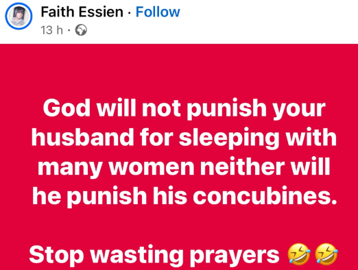 God will not punish your husband for sleeping with many women neither will he punish his concubines - Nigerian woman tells married women