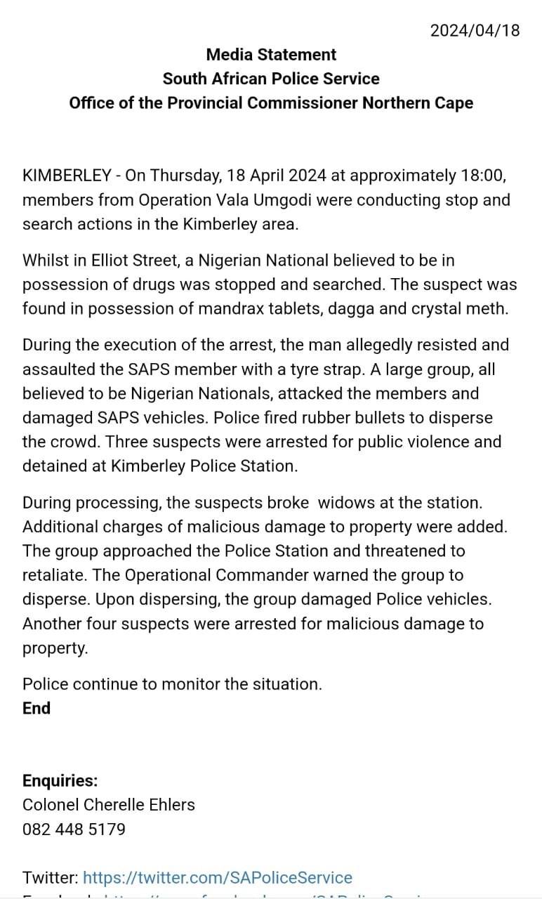 Eight Nigerian nationals arrested for attacking police officers, vandalising station and vehicles in South Africa