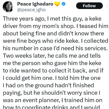 Woman vows not to help anybody again as she shares experience with keke driver she helped