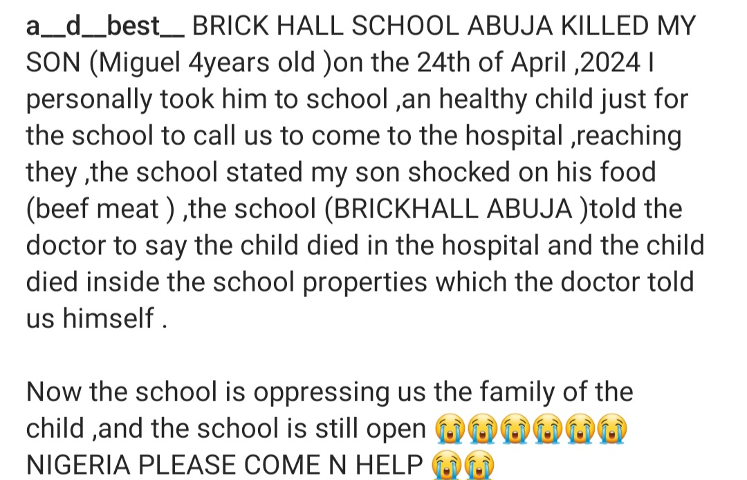 Mum of boy, 4, who died during feeding at Abuja school stages protest outside the school to demand justice (video)