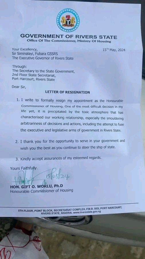 Rivers State Commissioner for Housing, Gift Worlu resigns from Governor Sim Fubara