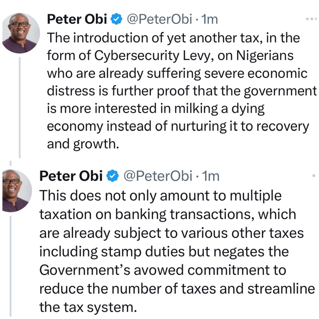Introduction of Cybersecurity Levy is further proof that the government is more interested in milking a dying economy instead of nurturing it to recovery - Peter Obi
