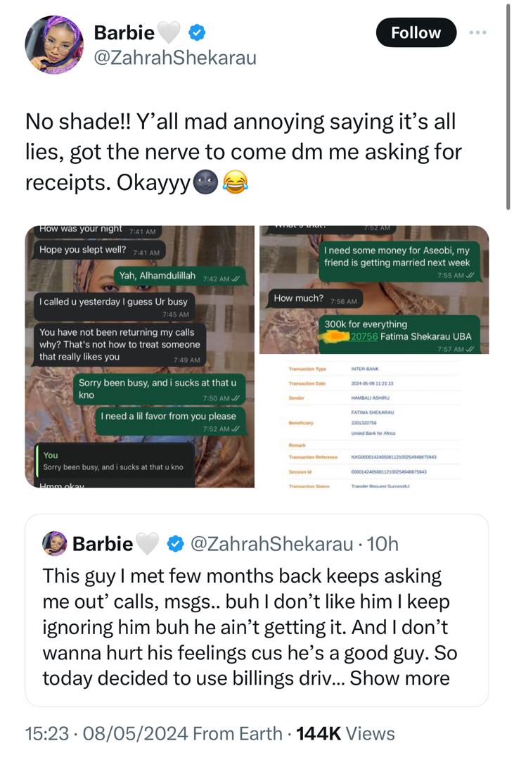 Nigerian lady shares receipts after X users doubted her claim that an admirer she is not interested in sent her some money