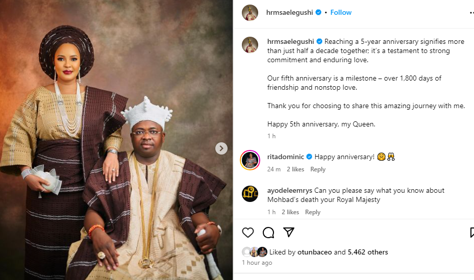 Thank you for choosing to share this amazing journey with me. My Queen - Oba Elegushi tells his second wife as they celebrate 5th wedding anniversary