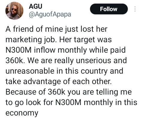 Nigerian woman loses her marketing job for failing to meet N300m monthly target