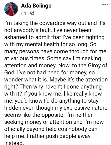 I?m taking the cowardice way out. I hope God can forgive me - Panic as Nigerian lady who says she is struggling with her mental health leaves alarming Facebook post